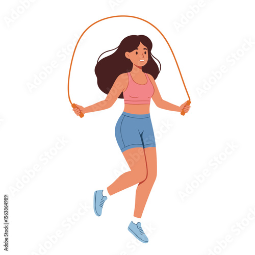 Woman skipping rope with athletic posture. Ideal for fitness training and cardio exercise demonstrations.