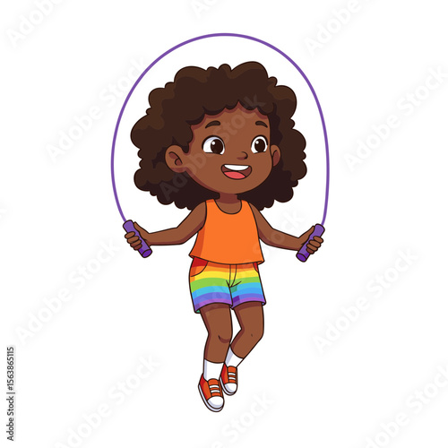 Girl with dark skin jumping rope with rainbow shorts. Perfect for inclusive fitness and diversity illustrations.