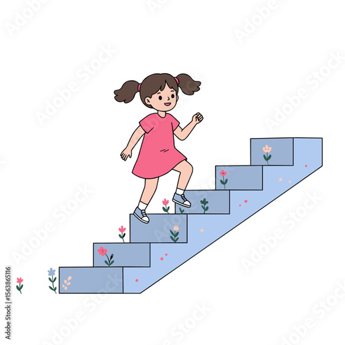 Girl climbing blue stairs with checkmarks. Ideal for progress tracking and achievement goal concepts.