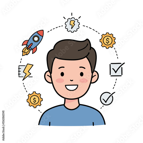 Boy surrounded by innovation and business symbols. Perfect for entrepreneurship and creative thinking concepts.