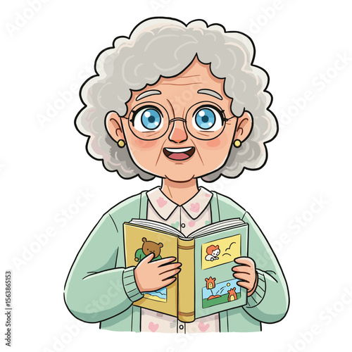 Grandmother with glasses reading colorful magazine. Ideal for senior leisure and reading hobby concepts.
