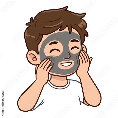 Man applying facial mask for skin treatment. Ideal for men's skincare and grooming routine illustrations.