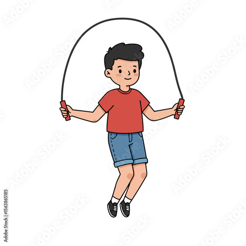 Boy jumping rope with energetic motion. Ideal for children's fitness and playground activity illustrations.