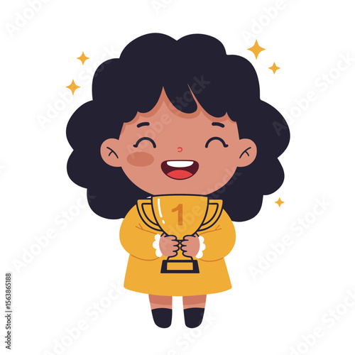 Girl with dark curly hair holding golden trophy. Ideal for competitive success and achievement celebration.