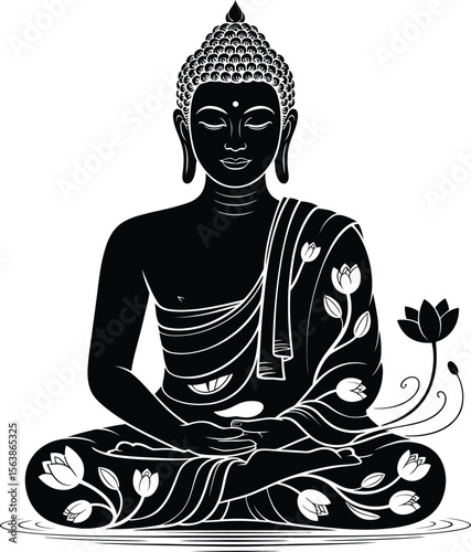 Eastern Buddha Silhouette – Floral Meditation Vector Emblem.