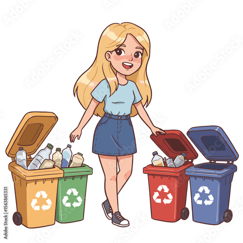 Woman sorting waste into recycling bins with green initiative. Ideal for environmental awareness and waste management campaigns.