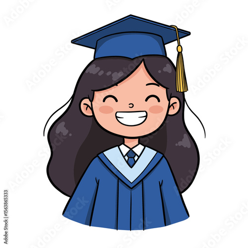 Girl in graduation cap and gown with bright smile. Ideal for education success and academic achievement themes.