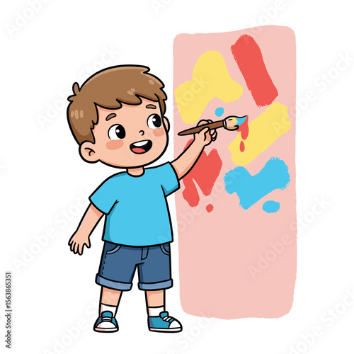 Boy painting colorful mural on wall with brush. Ideal for children's art education and creative development themes.