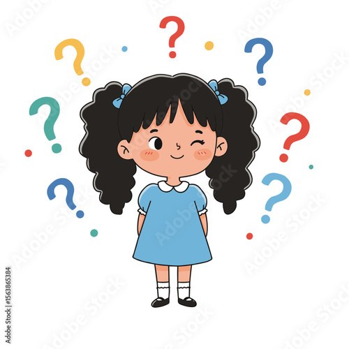 Girl surrounded by colorful question marks with curious expression. Perfect for learning and problem-solving themes.