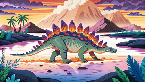 Stegosaurus walks carefully along a volcanic riverbank, illuminated by the glowing lava nearby, evoking prehistoric wonder in a fiery, primeval landscape