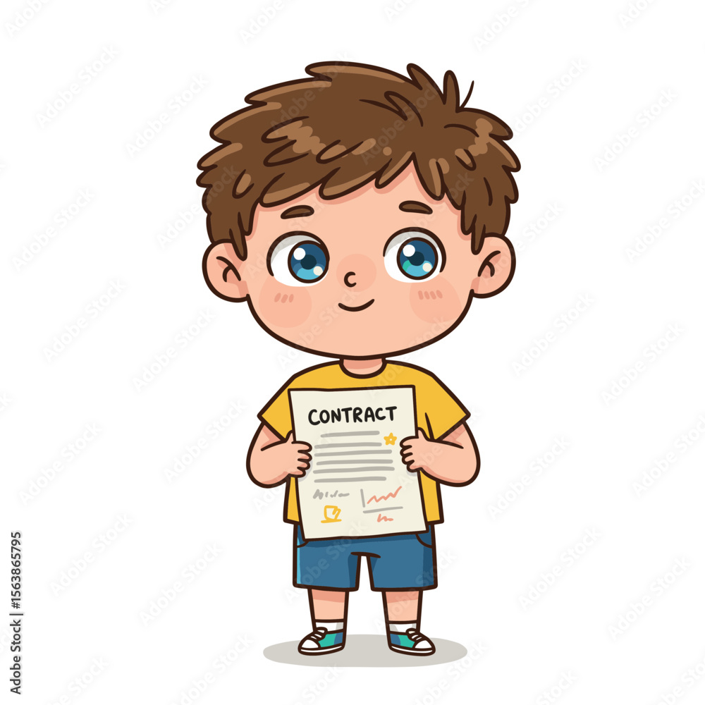 Boy with contract document smiling happily. Ideal for legal agreement, child consent, or educational documentation concepts. Boy with contract document smiling happily. Ideal for legal agreement, child consent, or educational documentation concepts.