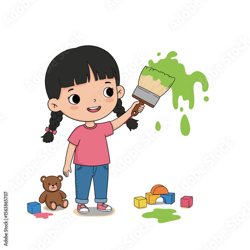 Girl painting with green paint and brush with toys nearby. Ideal for children's creativity and artistic development themes.