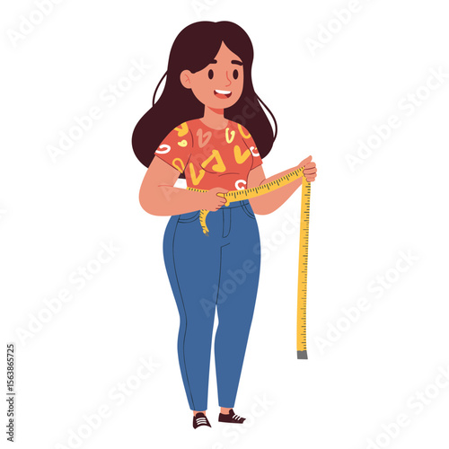 Woman with measuring tape and fabric swatches. Ideal for fashion design and sewing profession concepts.