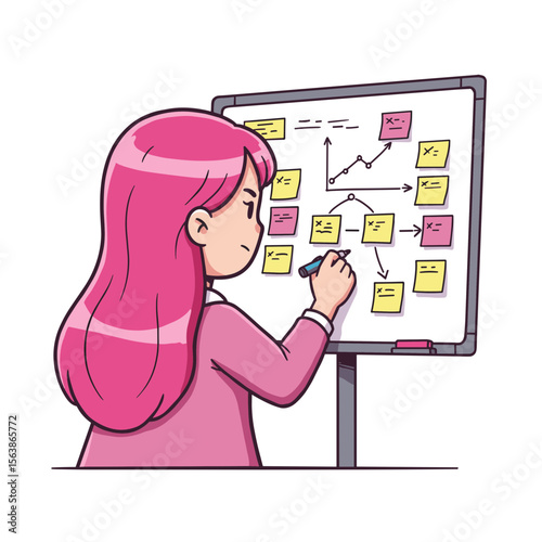 Woman with pink hair planning project on board with sticky notes. Perfect for organization and productivity themes.