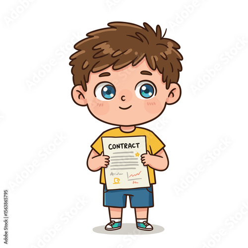 Boy with contract document smiling happily. Ideal for legal agreement, child consent, or educational documentation concepts.