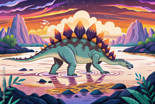 Stegosaurus walks carefully along a volcanic riverbank, illuminated by the glowing lava nearby, evoking prehistoric wonder in a fiery, primeval landscape