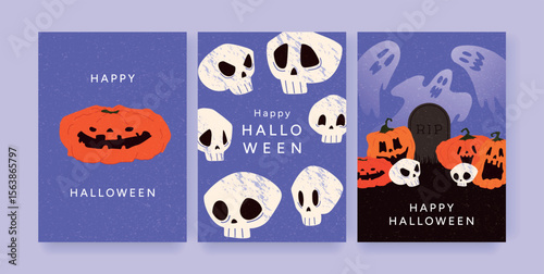 Set of Halloween Greeting Cards with Pumpkins, Skulls, and Ghosts. Jack o Lantern Faces, RIP Tombstone, and Spirits on Purple Background. Flat Hand Drawn Vector Illustration