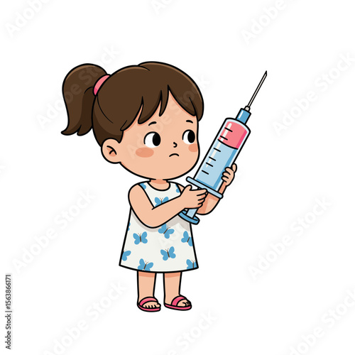 Girl with syringe in nurse play. Perfect for medical education, healthcare procedures, or child vaccination concepts.