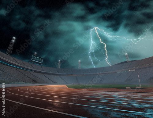 Epic Lightning Over Curved Track and Field Stadium / Cinematic Thunderstorm Backdrop 

