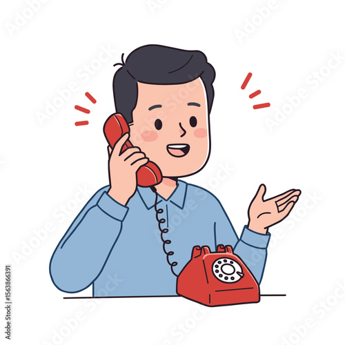 Boy with telephone having enthusiastic conversation. Perfect for communication, customer service, or retro technology concepts.