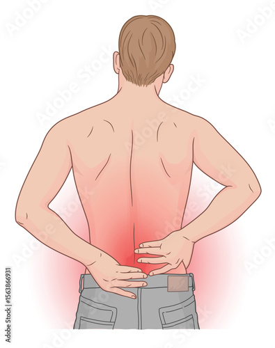 The young man clutched his back with his hands because of the pain in it. Back pain vector illustration.
