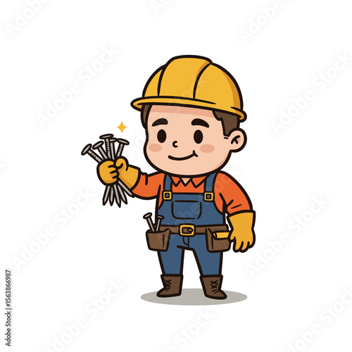 Little boy wearing a hard hat, holding nails and smiling, dressed as a construction worker