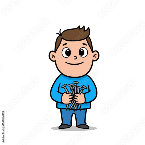 Smiling boy holding nails in his hands, wearing a blue sweater and casual pants