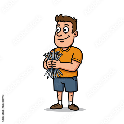 Smiling boy holding a handful of nails, wearing an orange t-shirt and shorts