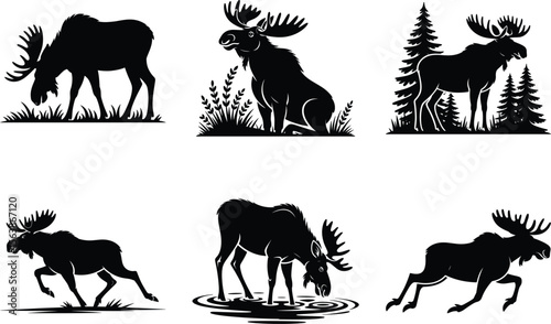 Moose Vector SVG Bundle, Moose Silhouette Art, black and white Background. Wild Moose minimalist graphic illustration.