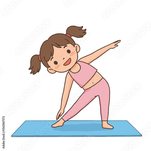Girl doing yoga practicing stretching pose. Perfect for children's physical activity, flexibility training, and youth wellness programs.
