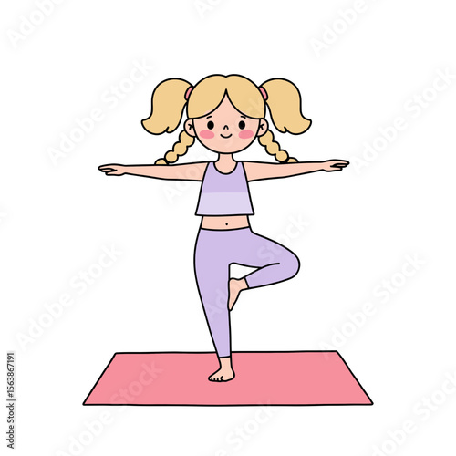 Girl doing yoga practicing tree pose. Perfect for children's fitness classes, mindfulness for kids, and youth wellness programs.