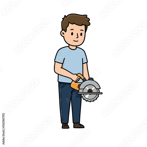 Man with circular saw using power tool. Ideal for woodworking projects, DIY home improvement, and construction skills.