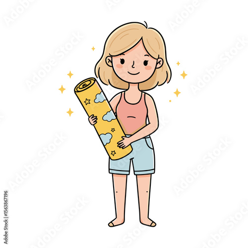 Smiling girl holding a colorful yoga mat, wearing a tank top and shorts, barefoot