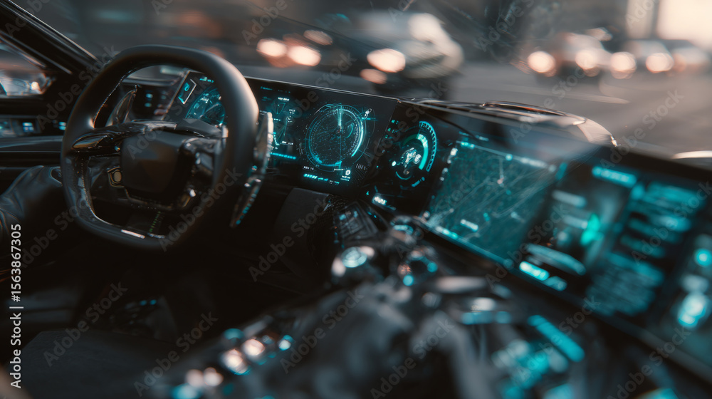 Fototapeta premium The cockpit of a flying car features a sleek holographic dashboard with advanced controls, capturing the essence of futuristic technology as it soars through the skies