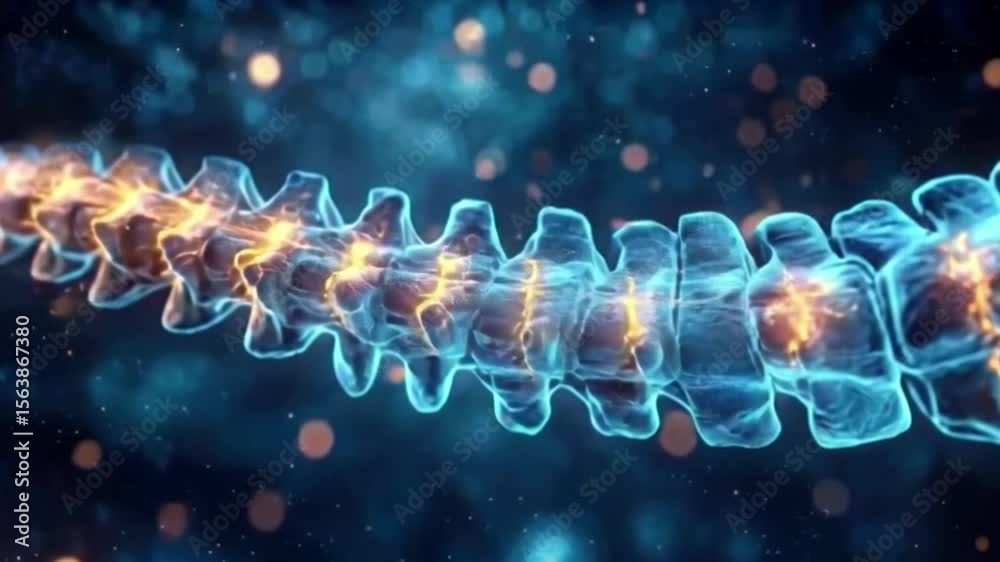 Animated spine glowing gold points bluish hue stylized set against a dark background with bokeh effects