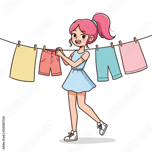 Girl hanging laundry on clothesline. Ideal for household chores, sustainable clothing care, or family responsibility education.
