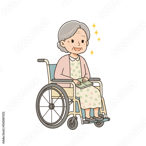 Grandmother in wheelchair with happy expression. Ideal for senior care services, mobility assistance, or elderly wellbeing concepts.
