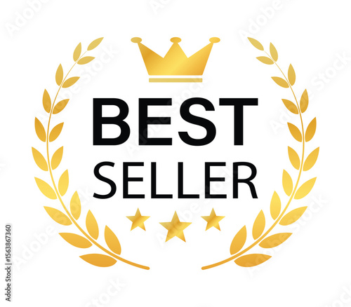 Best seller badge. Golden icon for best selling award with crown and stars. Transparent PNG and vector illustration.