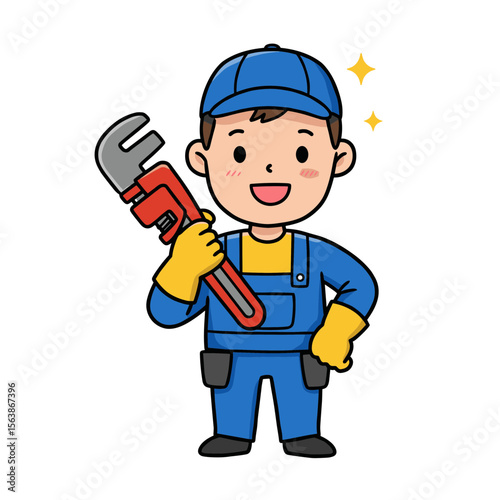 Boy with wrench in blue work uniform. Perfect for plumbing services, handyman skills, or junior tradesperson concepts.