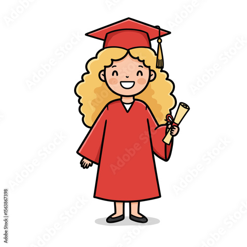 Girl in graduation gown with diploma and cap. Perfect for academic achievement, education completion, or commencement ceremony themes.