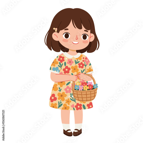 Girl with basket carrying shopping goods happily. Great for shopping themes, market visits, or consumer education.
