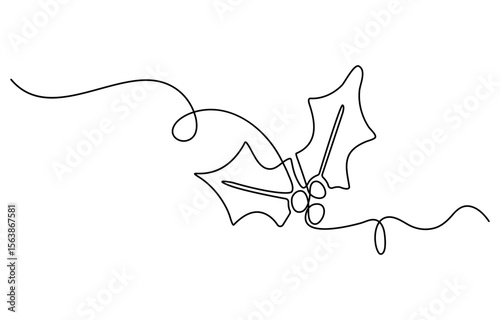 One continuous line drawing of Christmas greeting card. Festive candle with snowflake and christmas tree toy for winter xmas holiday concept in simple linear style. Doodle vector illustration