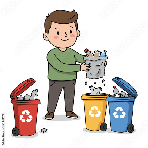 Man recycling materials sorting waste into bins properly. Perfect for environmental awareness, waste management, or recycling education.
