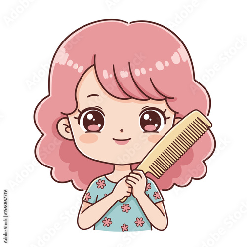 Girl with comb brushing hair grooming pink curls. Great for hair care, beauty routines, or personal grooming.