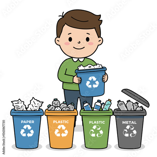 Man recycling materials organizing sorted waste containers. Ideal for eco-friendly practices, waste sorting, or sustainability.
