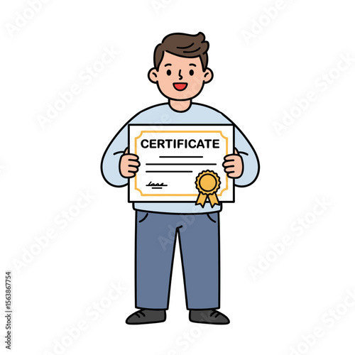 Man with certificate proudly displaying achievement. Ideal for educational accomplishments, professional certifications, or recognition program illustrations.