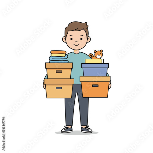 Boy carrying stacked storage boxes and containers. Ideal for moving services, organization solutions, or home storage concept illustrations.