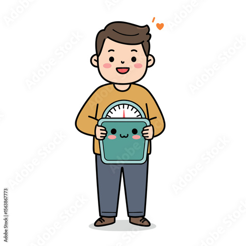 Boy with bathroom scale in yellow sweater. Ideal for health monitoring, weight management programs, or fitness tracking concept illustrations.