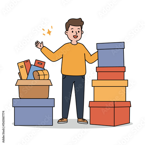 Man with storage boxes organizing belongings. Perfect for moving services, storage solutions, or decluttering concept illustrations.