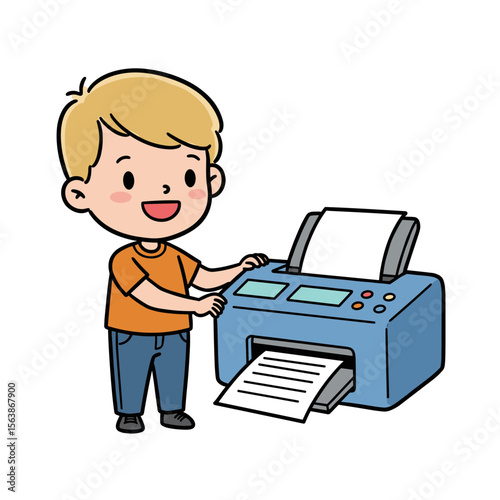 Boy operating printer with paper output. Ideal for home office setups, document production, or technology usage illustrations.